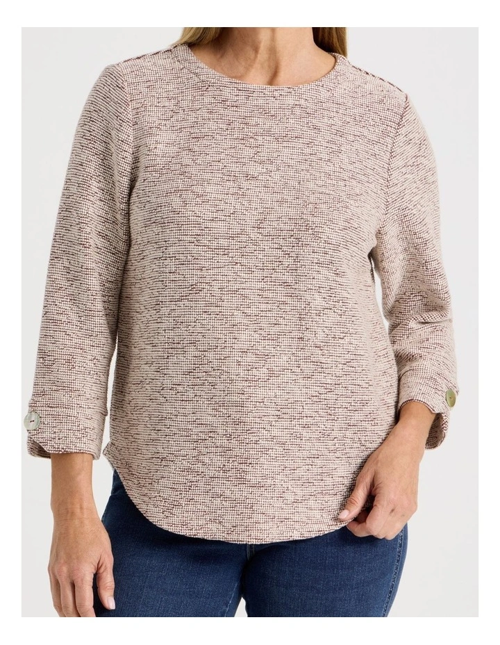 3/4 Sleeve Textured Tee With Button Neck in Port Speckle image 3