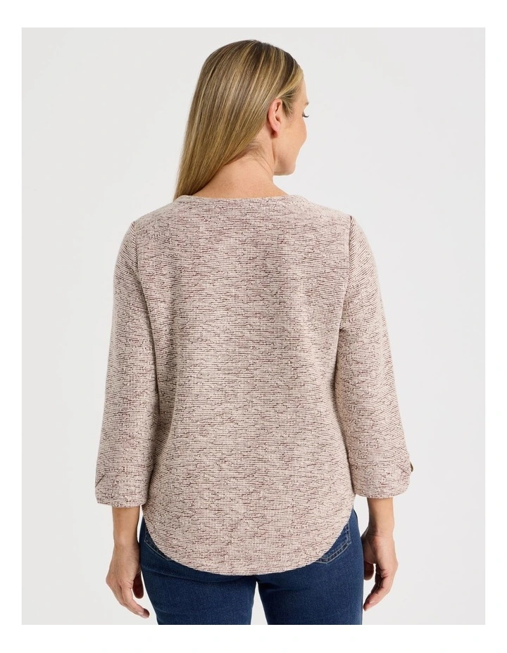 3/4 Sleeve Textured Tee With Button Neck in Port Speckle image 6