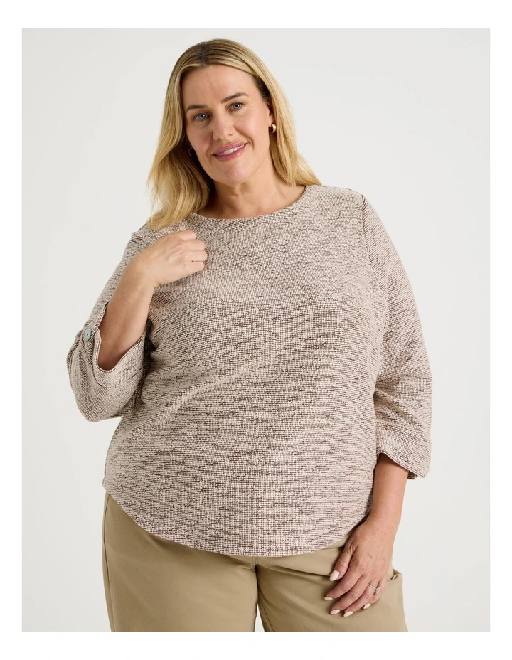 3/4 Sleeve Textured Tee With Button Neck in Port Speckle image 7