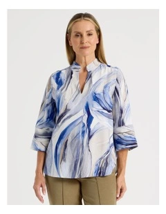 Notch Neck 3/4 Sleeve Top With Statement Cuff in Blue Ocean Print