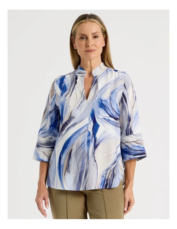 Notch Neck 3/4 Sleeve Top With Statement Cuff in Blue Ocean Print image 1