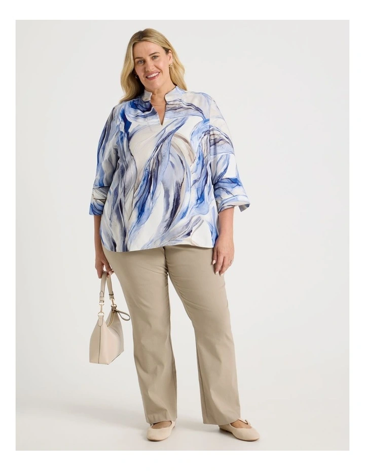 Notch Neck 3/4 Sleeve Top With Statement Cuff in Blue Ocean Print image 2
