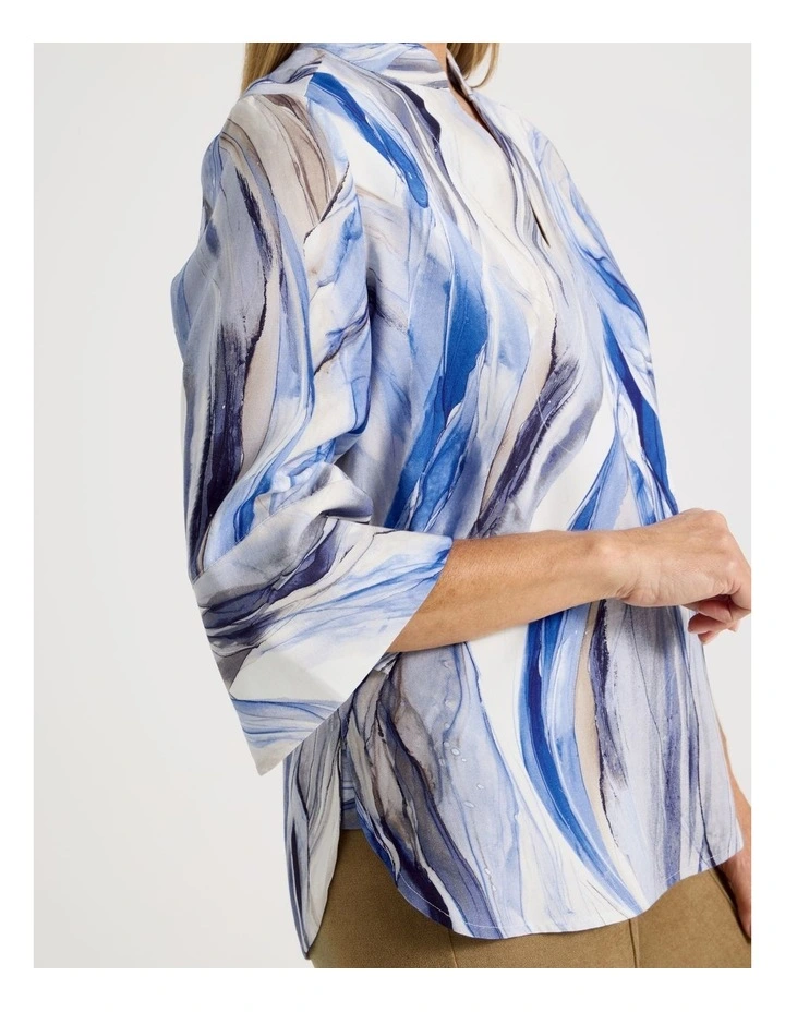 Notch Neck 3/4 Sleeve Top With Statement Cuff in Blue Ocean Print image 3