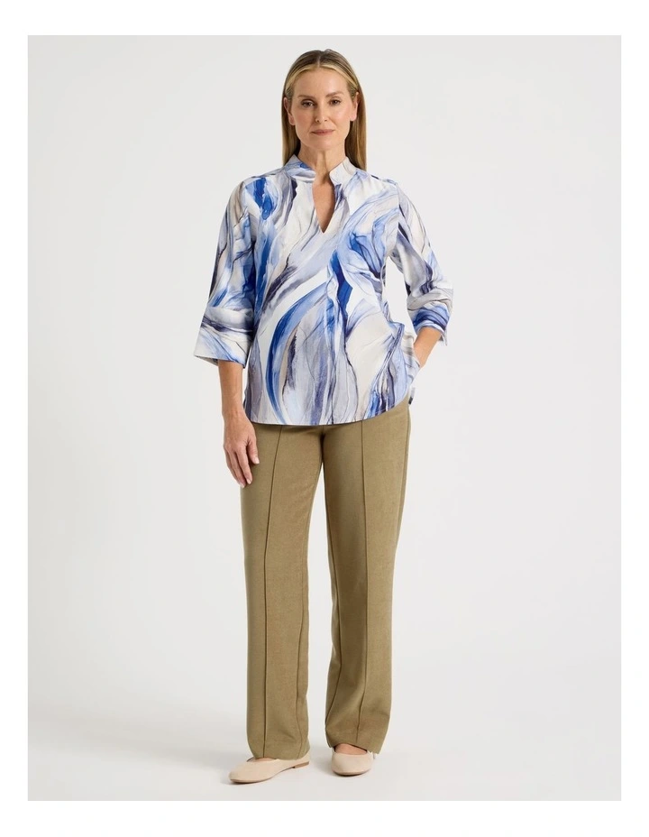 Notch Neck 3/4 Sleeve Top With Statement Cuff in Blue Ocean Print image 3