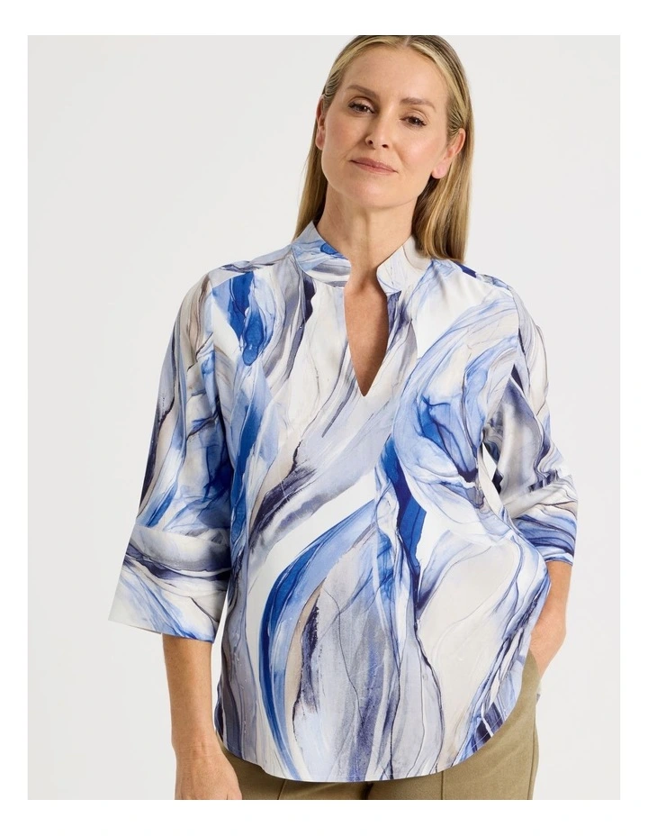 Notch Neck 3/4 Sleeve Top With Statement Cuff in Blue Ocean Print image 4