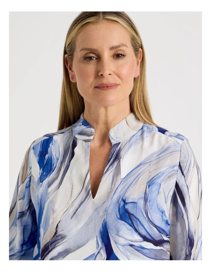 Notch Neck 3/4 Sleeve Top With Statement Cuff in Blue Ocean Print image 6