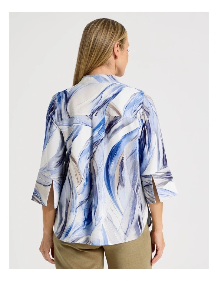 Notch Neck 3/4 Sleeve Top With Statement Cuff in Blue Ocean Print image 6
