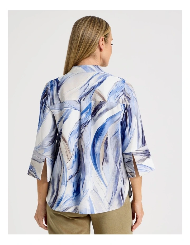 Notch Neck 3/4 Sleeve Top With Statement Cuff in Blue Ocean Print image 7