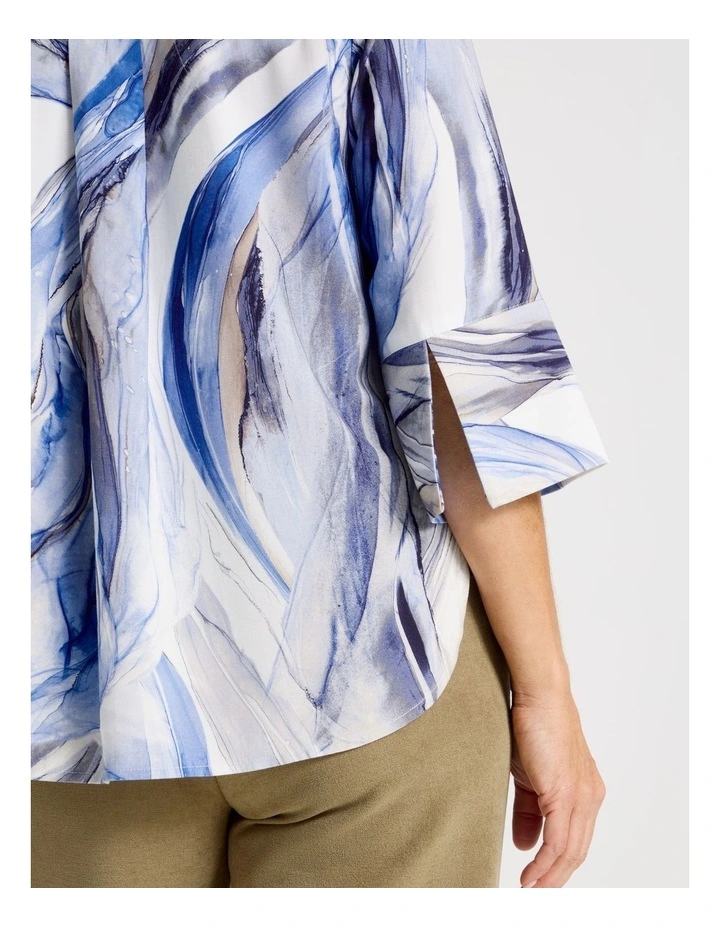 Notch Neck 3/4 Sleeve Top With Statement Cuff in Blue Ocean Print image 7