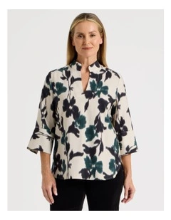 Notch Neck 3/4 Sleeve Top With Statement Cuff in Forest Print