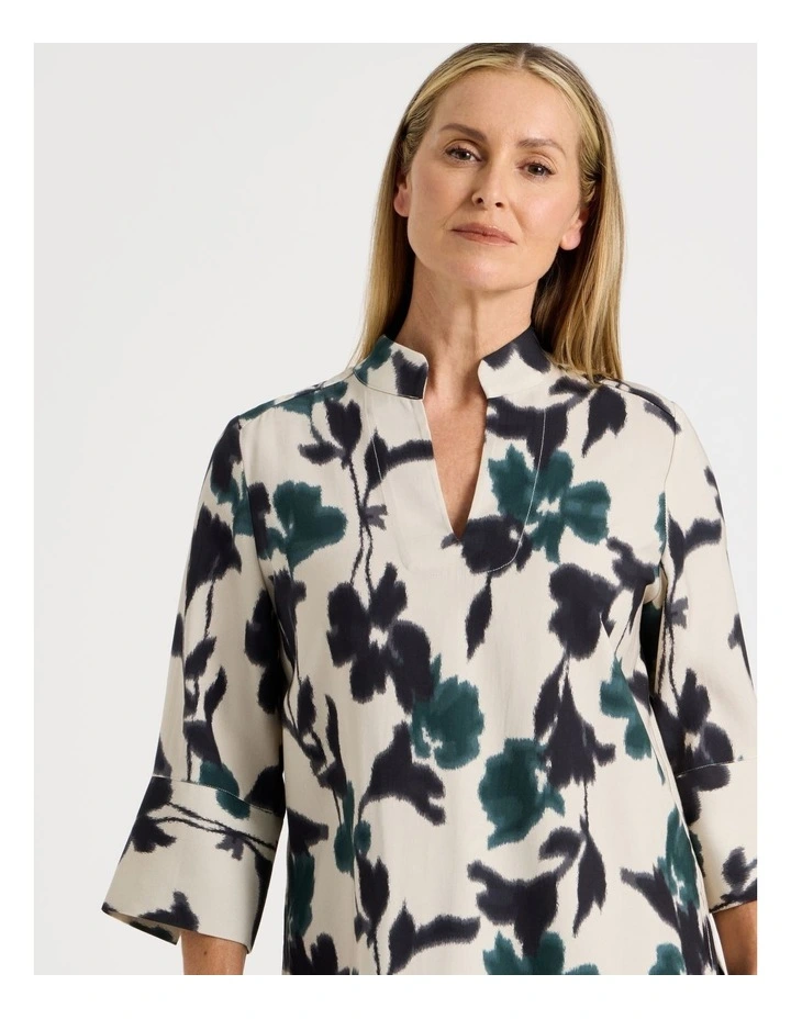 Notch Neck 3/4 Sleeve Top With Statement Cuff in Forest Print image 2