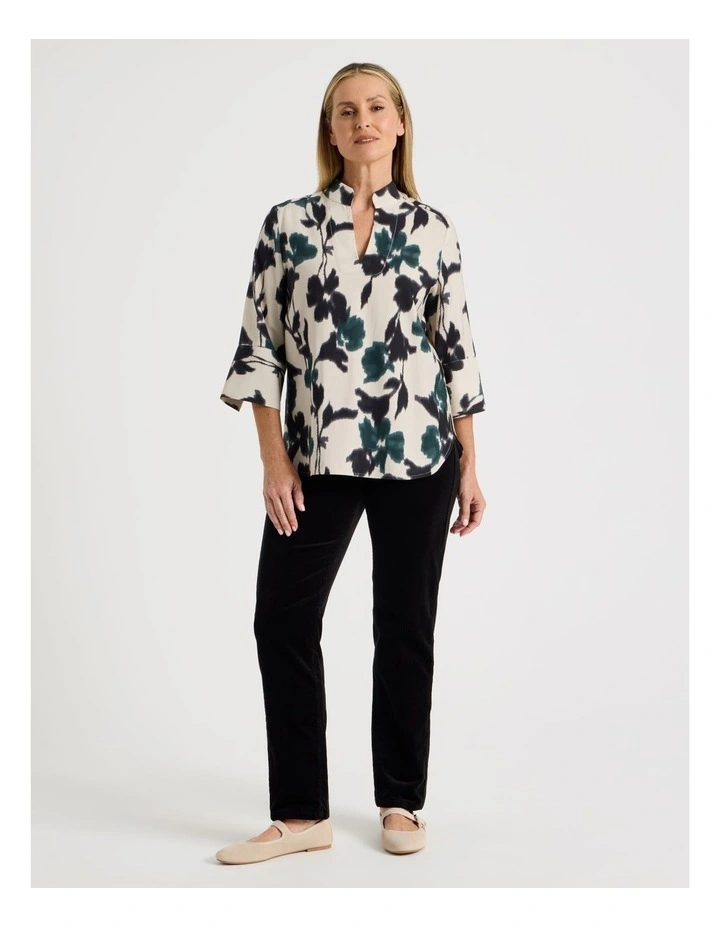 Notch Neck 3/4 Sleeve Top With Statement Cuff in Forest Print image 3