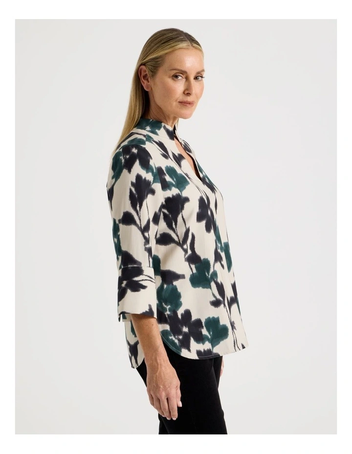 Notch Neck 3/4 Sleeve Top With Statement Cuff in Forest Print image 4