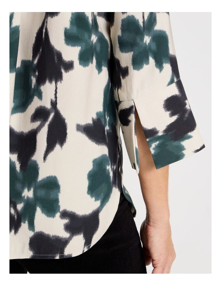 Notch Neck 3/4 Sleeve Top With Statement Cuff in Forest Print image 5