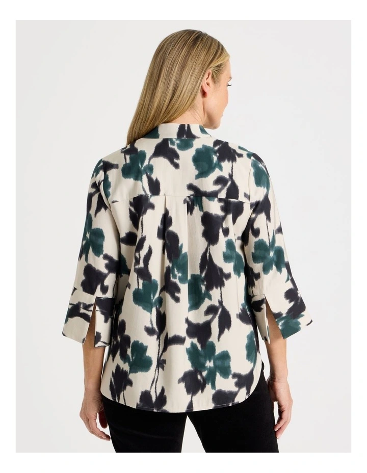 Notch Neck 3/4 Sleeve Top With Statement Cuff in Forest Print image 6