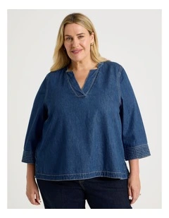 V Neck 3/4 Sleeve Denim Tunic With Back Pleat in Denim