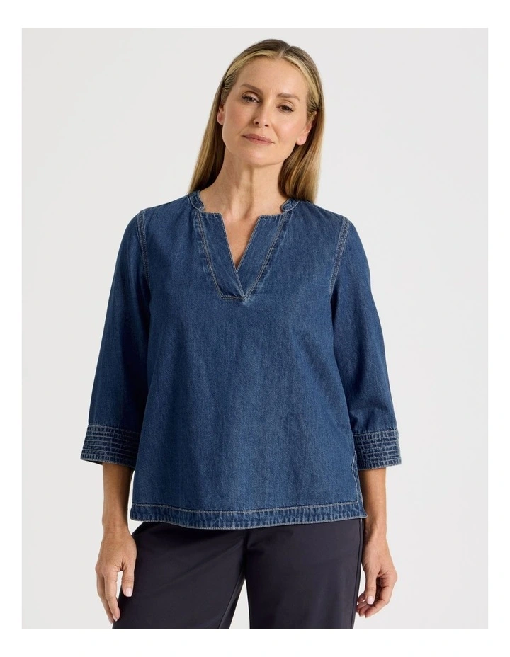 V Neck 3/4 Sleeve Denim Tunic With Back Pleat in Denim image 2