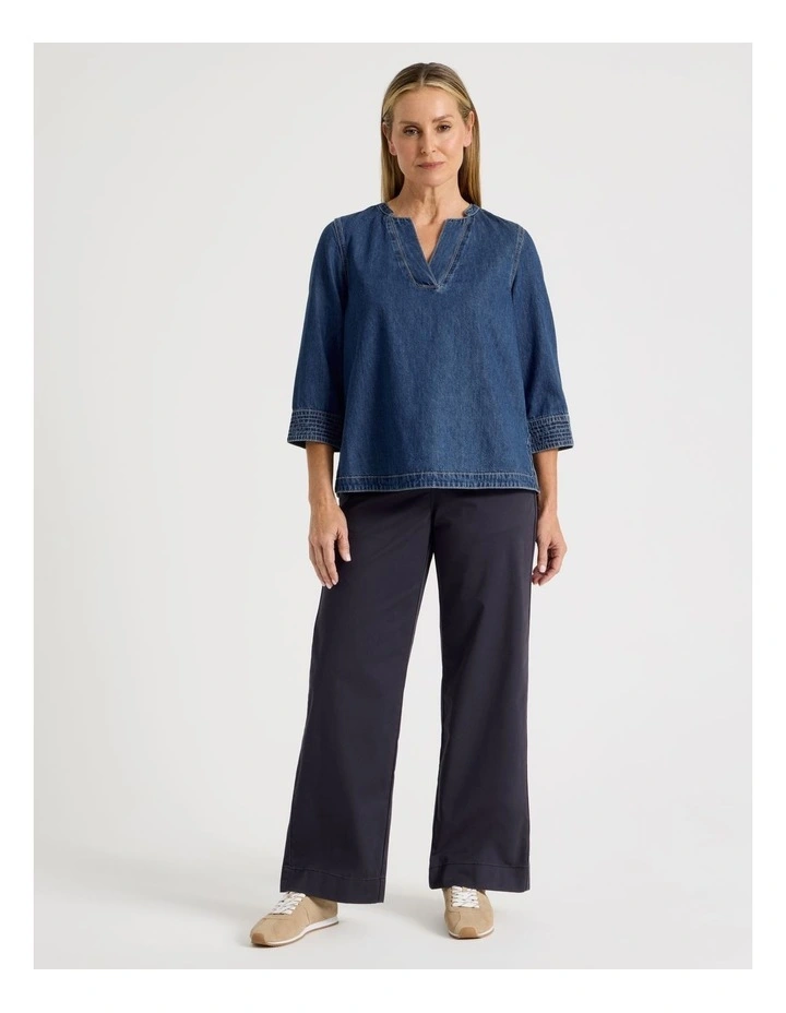 V Neck 3/4 Sleeve Denim Tunic With Back Pleat in Denim image 3