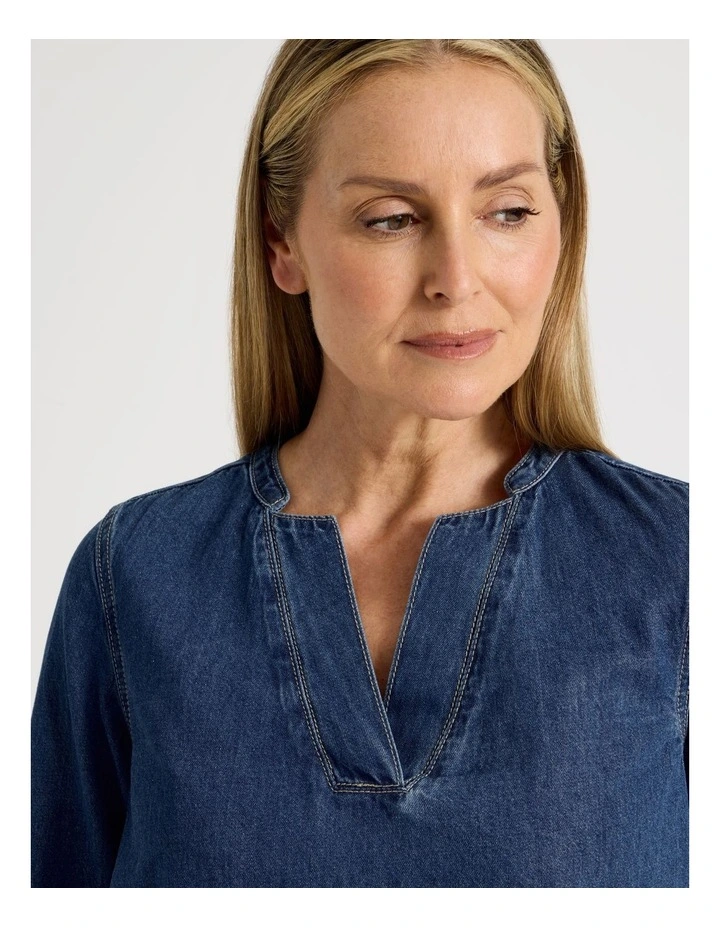 V Neck 3/4 Sleeve Denim Tunic With Back Pleat in Denim image 4