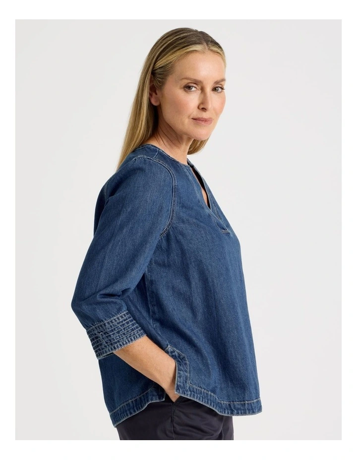 V Neck 3/4 Sleeve Denim Tunic With Back Pleat in Denim image 5