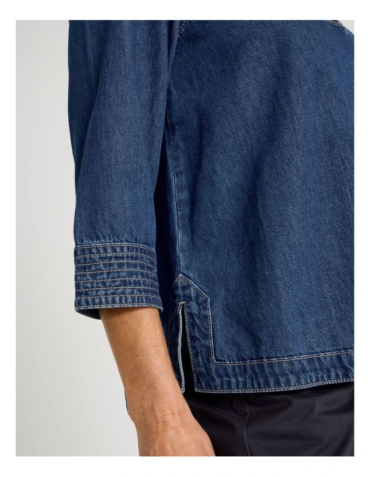 V Neck 3/4 Sleeve Denim Tunic With Back Pleat in Denim image 5