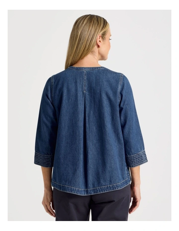 V Neck 3/4 Sleeve Denim Tunic With Back Pleat in Denim image 7