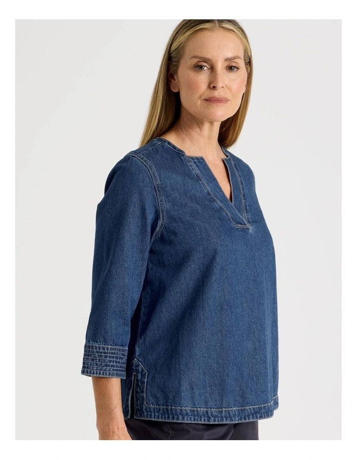 V Neck 3/4 Sleeve Denim Tunic With Back Pleat in Denim image 7