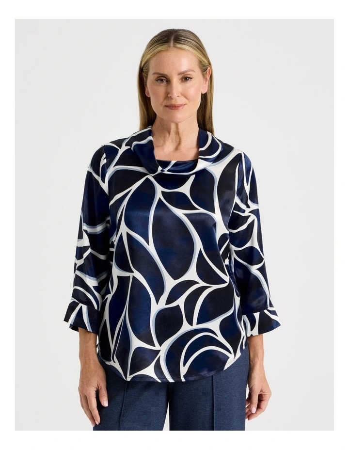 3/4 Sleeve Cowl Neck Top With Curved Hem in Blues Shell Print image 1
