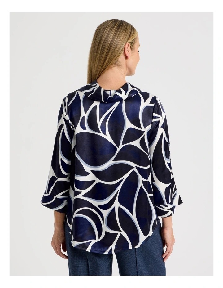 3/4 Sleeve Cowl Neck Top With Curved Hem in Blues Shell Print image 6