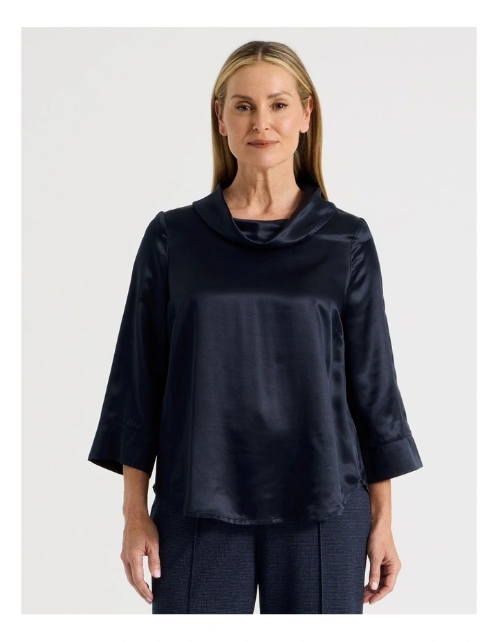 3/4 Sleeve Cowl Neck Top With Curved Hem in Navy image 1