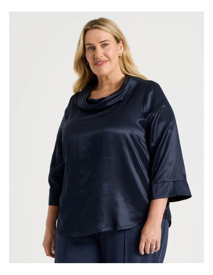 3/4 Sleeve Cowl Neck Top With Curved Hem in Navy image 2