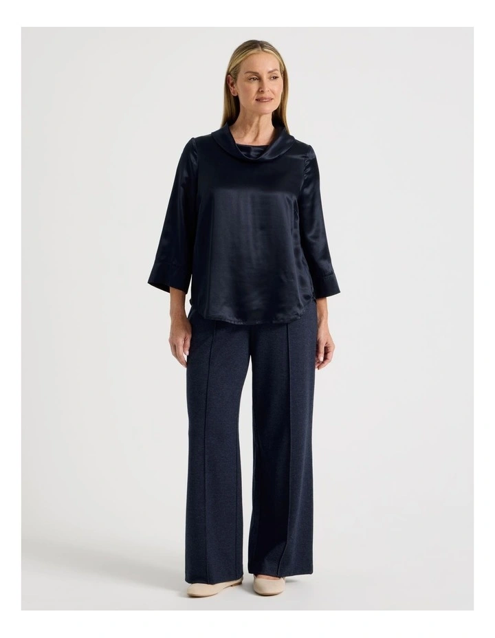 3/4 Sleeve Cowl Neck Top With Curved Hem in Navy image 3