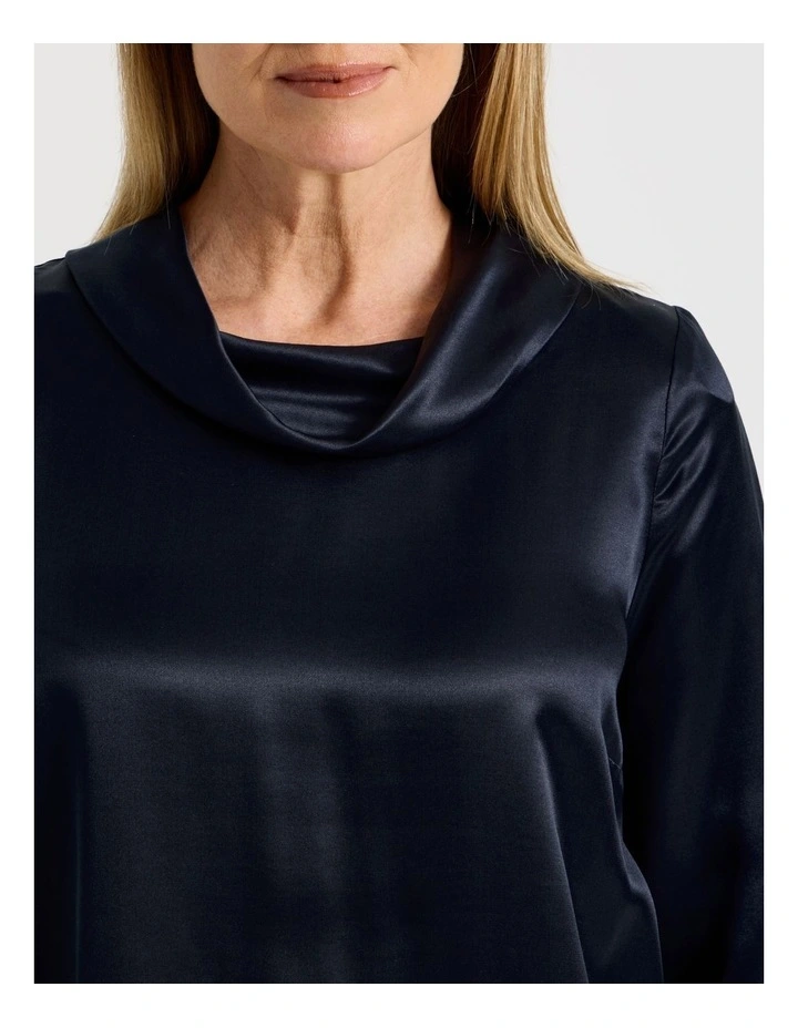 3/4 Sleeve Cowl Neck Top With Curved Hem in Navy image 4