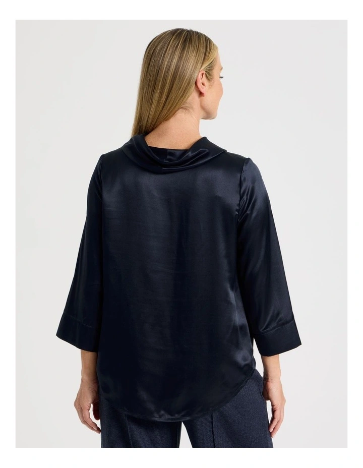 3/4 Sleeve Cowl Neck Top With Curved Hem in Navy image 6
