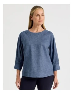 Elbow Length Pleat Sleeve Spliced Top in Blues