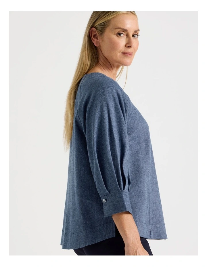 Elbow Length Pleat Sleeve Spliced Top in Blues image 2