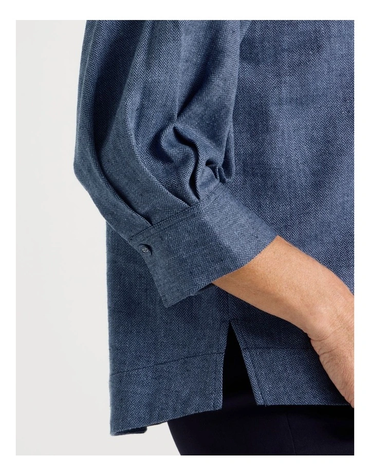 Elbow Length Pleat Sleeve Spliced Top in Blues image 4