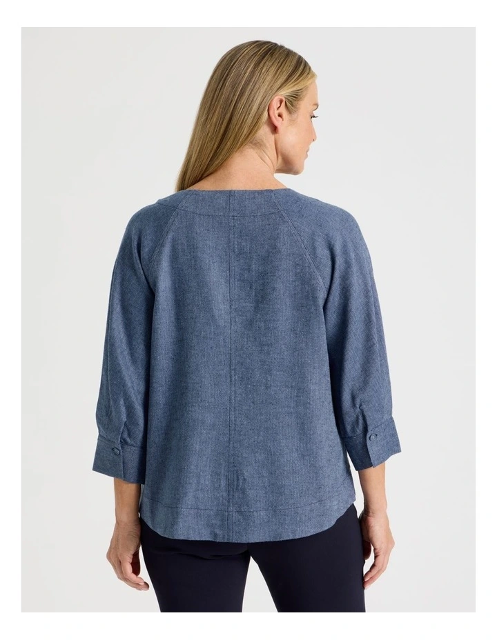 Elbow Length Pleat Sleeve Spliced Top in Blues image 5