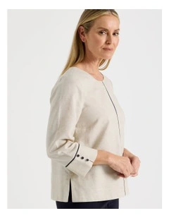 Spliced 3/4 Sleeve Top With Contrast Piping in Oatmeal