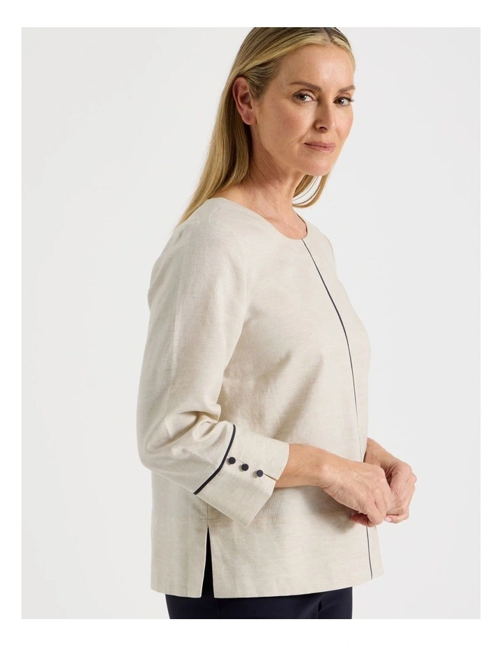 Spliced 3/4 Sleeve Top With Contrast Piping in Oatmeal image 1