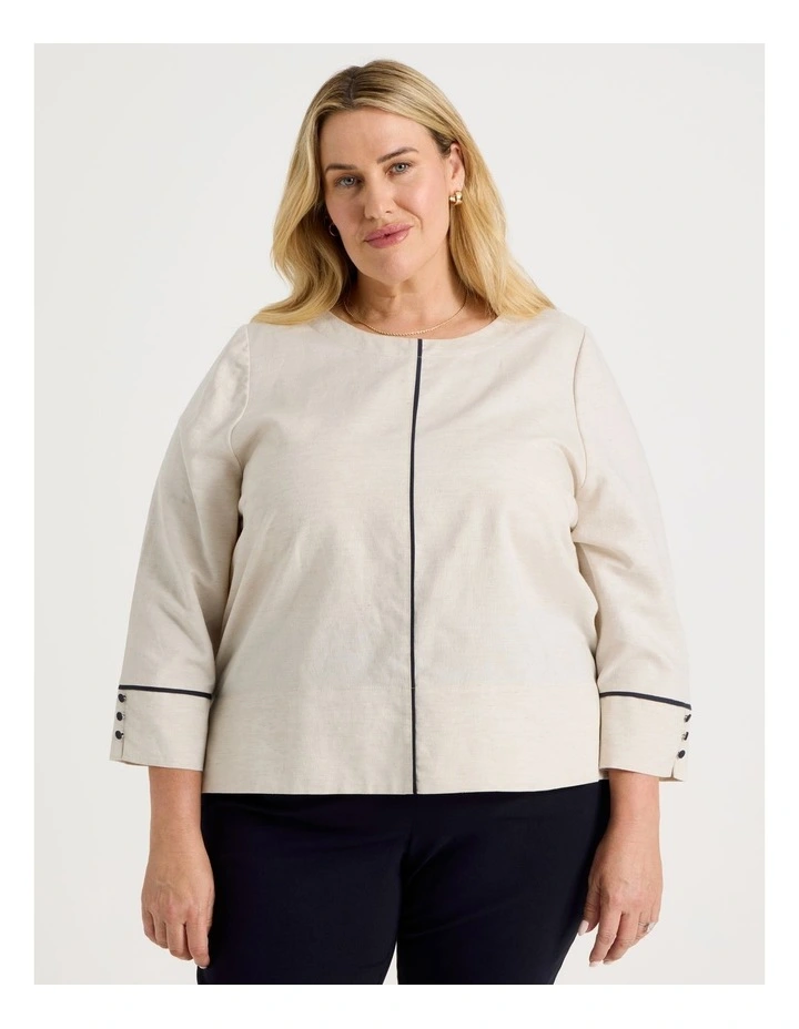 Spliced 3/4 Sleeve Top With Contrast Piping in Oatmeal image 2