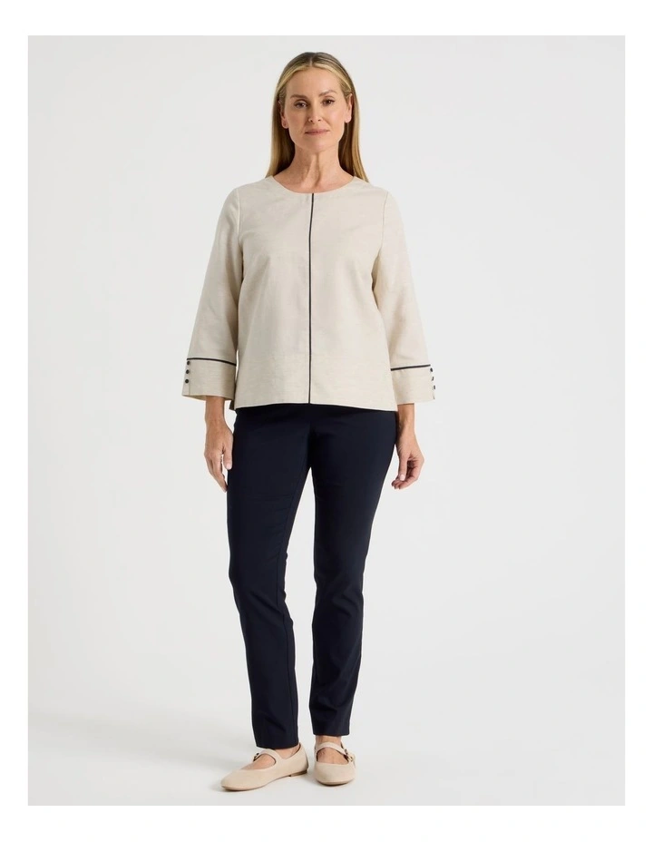 Spliced 3/4 Sleeve Top With Contrast Piping in Oatmeal image 3