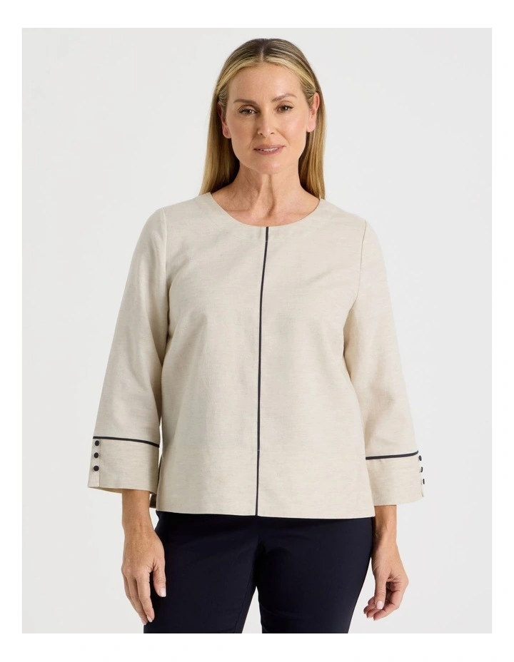 Spliced 3/4 Sleeve Top With Contrast Piping in Oatmeal image 3