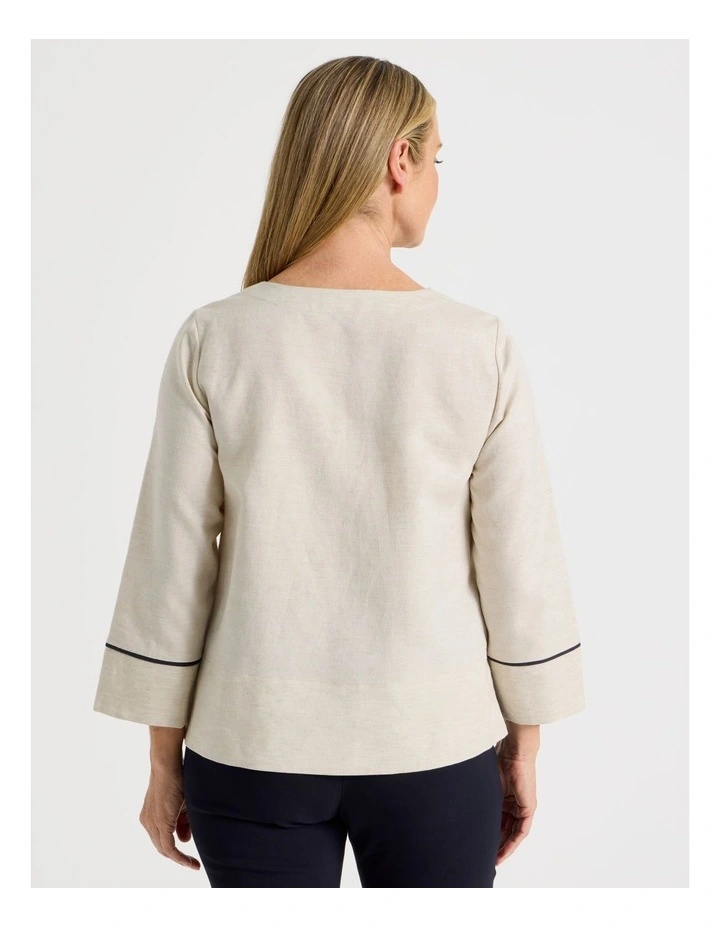 Spliced 3/4 Sleeve Top With Contrast Piping in Oatmeal image 7