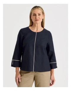 Spliced 3/4 Sleeve Top With Contrast Piping in Navy