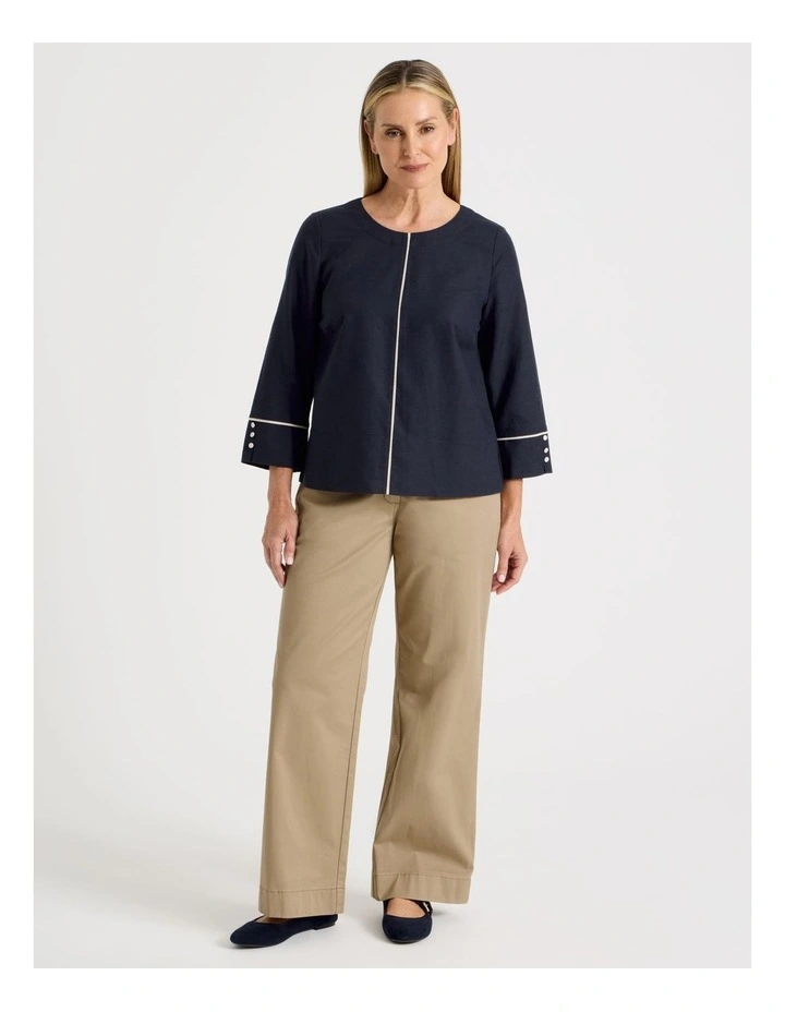 Spliced 3/4 Sleeve Top With Contrast Piping in Navy image 2