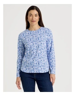 Long Sleeve Wardrobe Staple Tee in Blue Ditsy Floral Print
