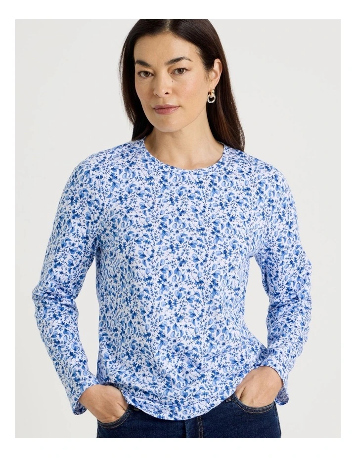 Long Sleeve Wardrobe Staple Tee in Blue Ditsy Floral Print image 4