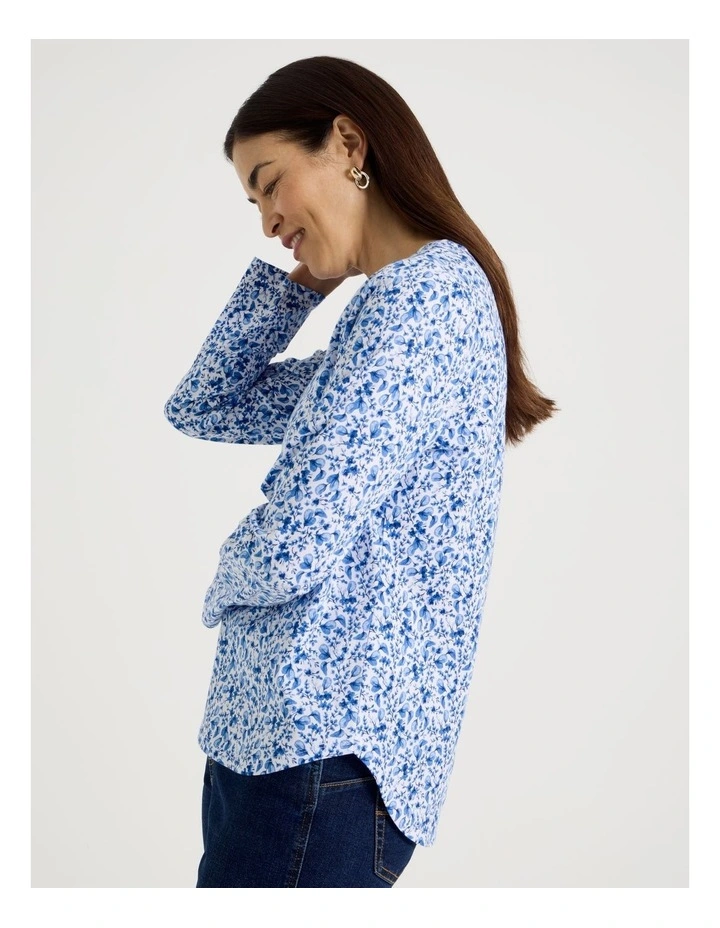 Long Sleeve Wardrobe Staple Tee in Blue Ditsy Floral Print image 5