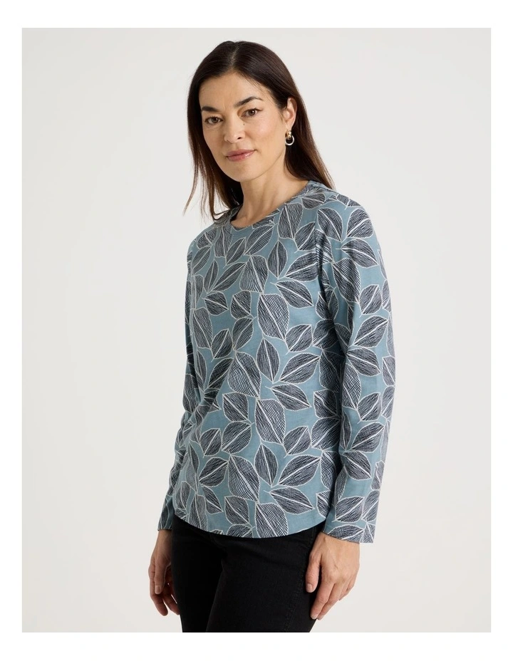 Long Sleeve Wardrobe Staple Tee in Smoke Blue Leaf Print image 1